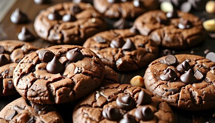 Close-up view of circular arrangement of delicious chocolate chip cookies from a high angle