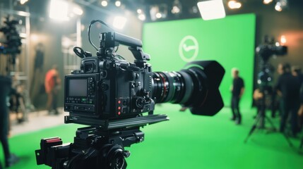 Poster - A camera set up in a studio with a green screen, ready for filming or photography.
