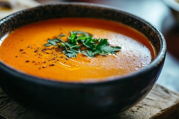 Fresh tomato soup garnished with parsley and black pepper in rustic bowl