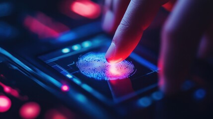Poster - A finger touches a glowing fingerprint scanner on a digital interface.