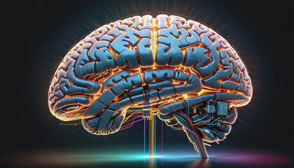 Wall Mural - Illustrative representation of a human brain modified with technology and microelectronics, artificial intelligence and the technological modification of the brain