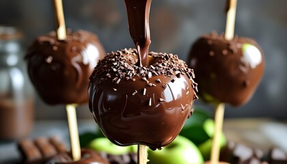 Wall Mural - Decadent chocolate-covered apple on a stick showcasing indulgence and sweetness