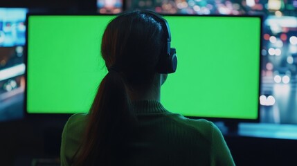 Poster - A person with headphones sits in front of a green screen, possibly for video editing or streaming.