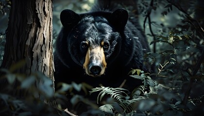 Wall Mural - Mysterious black bear silhouette in dense forest shadows, capturing the wild essence with dramatic dark hues and intriguing double exposure effects