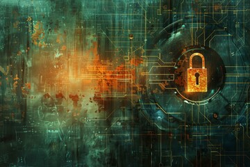 Poster - Digital security concept showing a padlock protecting a computer network with grunge texture