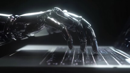 Poster - A robotic hand typing on a laptop keyboard, symbolizing advanced technology and AI interaction.