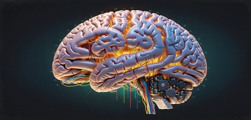 Illustrative representation of a human brain modified with technology and microelectronics, artificial intelligence and the technological modification of the brain