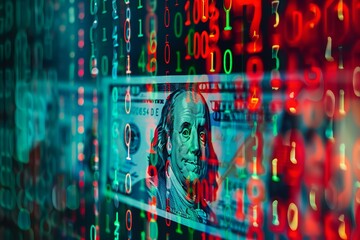 Poster - One hundred us dollar bill with binary code data stream flowing in the background representing digital banking and finance