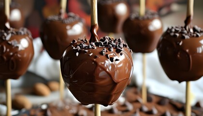 Wall Mural - Decadent chocolate-covered apple on a stick showcasing indulgence and sweetness