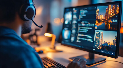 A man wearing headphones is sitting in front of a computer monitor that shows code and cityscapes.