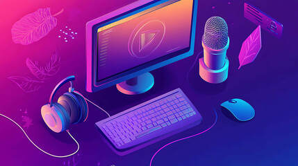 A computer monitor, keyboard, mouse, microphone and headphones on a table in a purple and blue room.