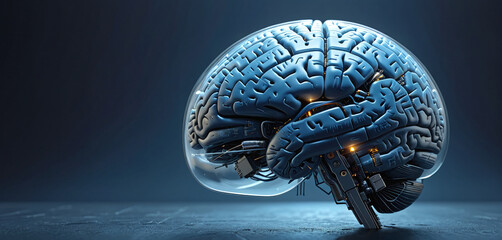 Wall Mural - Illustrative representation of a human brain modified with technology and microelectronics, artificial intelligence and the technological modification of the brain