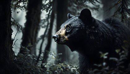 Wall Mural - Mysterious black bear silhouette in dense forest shadows, capturing the wild essence with dramatic dark hues and intriguing double exposure effects