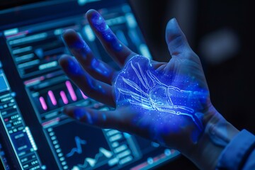 Poster - Scientist analyzing human hand x ray using a futuristic touchscreen computer interface