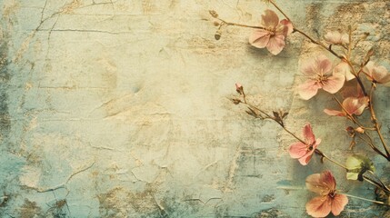 Wall Mural - Delicate Pink Flowers on a Textured Blue and Yellow Background