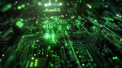 Wall Mural - A close-up view of a circuit board with glowing green elements, symbolizing technology.