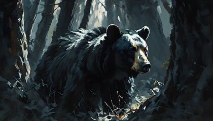 Wall Mural - Mysterious black bear silhouette in dense forest shadows, capturing the wild essence with dramatic dark hues and intriguing double exposure effects