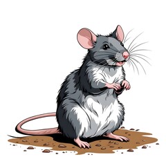 Drawing illustration of a mouse sitting on the floor on white background