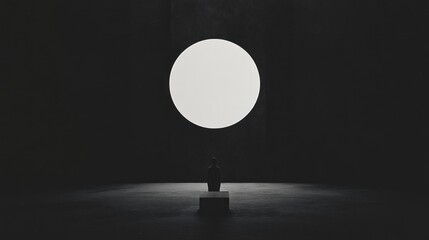 Poster - A minimalistic scene featuring a dark space with a large circular light and a solitary object.