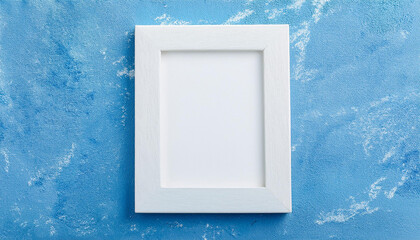 Frame on blue textured stucco background. Minimalist display. Mock-up.