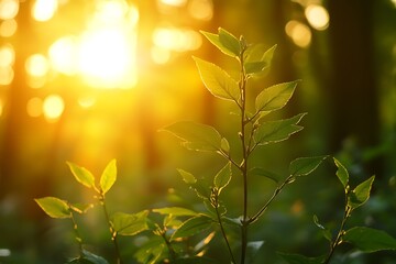 Sticker - Golden Sunlight through green leaves in a forest, nature background