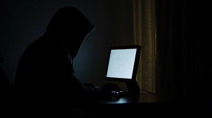 Poster - A silhouette of a person in a hoodie working on a computer in a dark room.