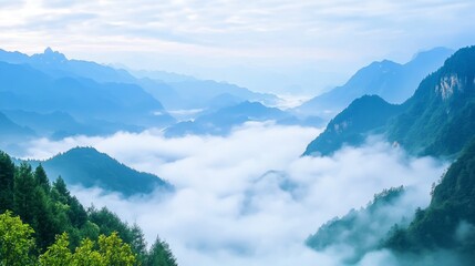 Wall Mural - In the mountainous area of Chongqing, you can see the continuous mountains and sea of clouds, with a lot of clouds and fog