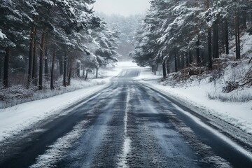 Poster - Snowy Road in the Forest, Winter Landscape