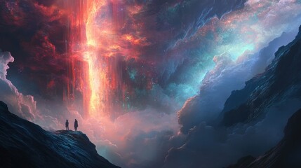 Wall Mural - Two Figures Silhouetted Against a Cosmic Red and Blue Nebula