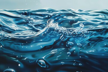 Refreshing image of cool, blue water splashing and forming bubbles on the surface