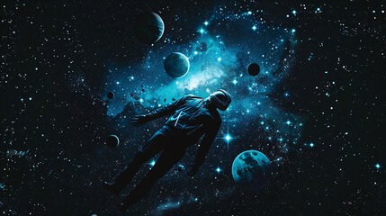 a person floating in space with stars and planets around them. symbolizing cosmic awareness and infi