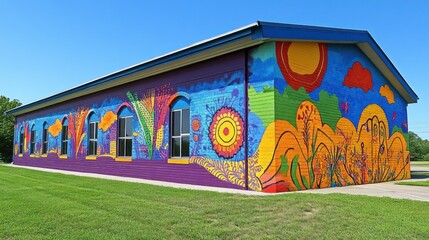 Poster - A Colorful Mural Depicting Nature on the Side of a Building