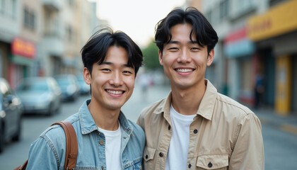 Two young Asian men, one with short black hair and the other with slightly longer black hair, smiling and standing together outdoors