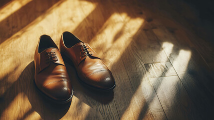 A pair of brown leather shoes on a wooden floor with a shaft of sunlight.