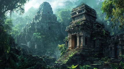 Wall Mural - Ancient Stone Temple Ruins Overgrown with Lush Jungle Vegetation