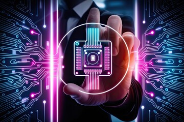 Poster - Innovative Circuit Board Technology Visualized on Executive Finger with Neon Cyberpunk Glow