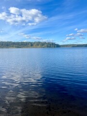 beautiful blue lake view, blue sky with white clouds reflections on the lake surface