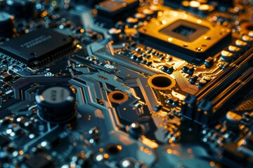 Poster - electronic circuit board showing computer technology with shallow depth of field and warm lighting
