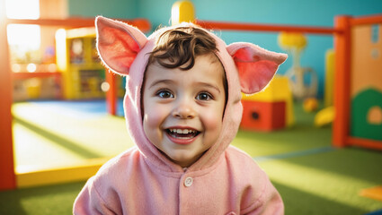 A boy in a pig costume at a holiday in a kindergarten.