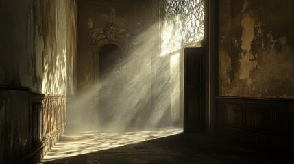 Sticker - Sunlight Streaming Through a Window in an Abandoned Mansion Hallway