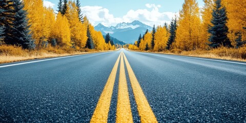 Wall Mural - Asphalt Road Through Autumn Trees with Snowy Mountains