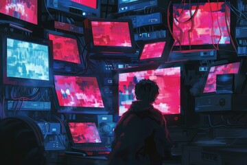 Poster - Hacker is programming surrounded by multiple computer monitors displaying abstract data