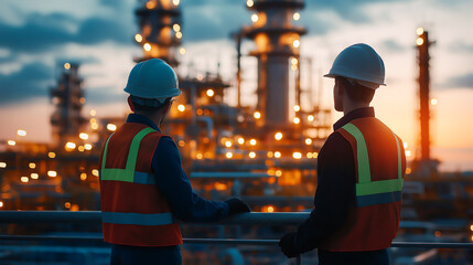 Back view of two industry engineer working and discussing at front oil and gas industrial factory