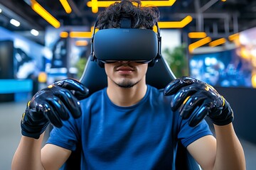 Poster - A virtual reality gamer wearing VR gloves, fully immersed in a digital game world