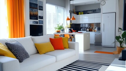 Poster - Modern Living Room with White Sofa, Orange Pillows, and Kitchen Counter