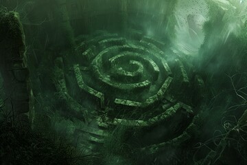 Ancient stone labyrinth being reclaimed by nature and covered in fog