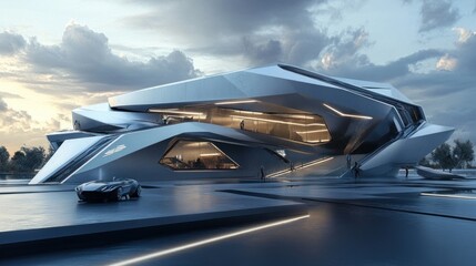 Sticker - Futuristic Architectural Structure with Car and People