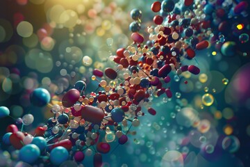 Poster - Stream of colorful connected spheres is flowing in a beam of light on a blurred background