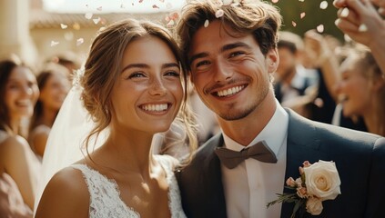 Happy bride at wedding ceremony and people sprinkling flower petals