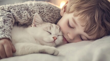 Wall Mural - Child sleeping with cat pet composition background